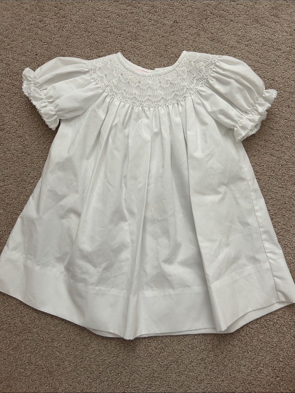 EUC Petit Bebe White Smocked Puff Sleeve Baby Girl Dress